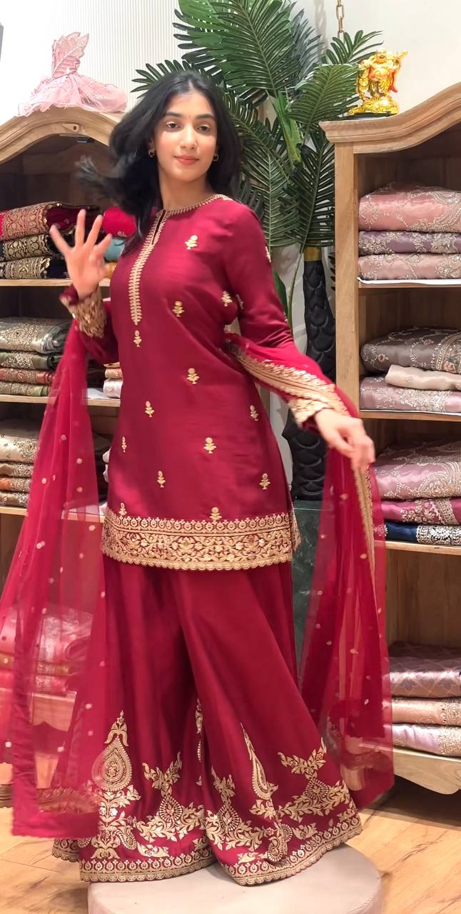 Garnet Opulence Embroidered Sharara